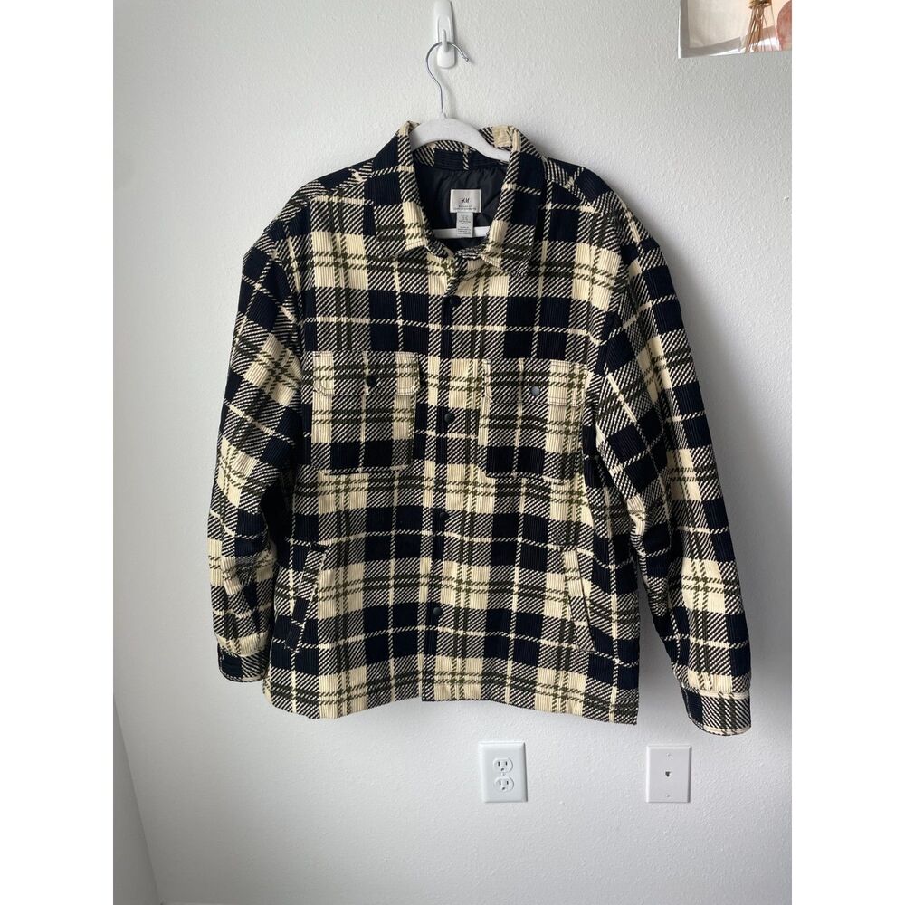 H&M corduroy plaid jacket XL relaxed fit quilted padded shacket top
